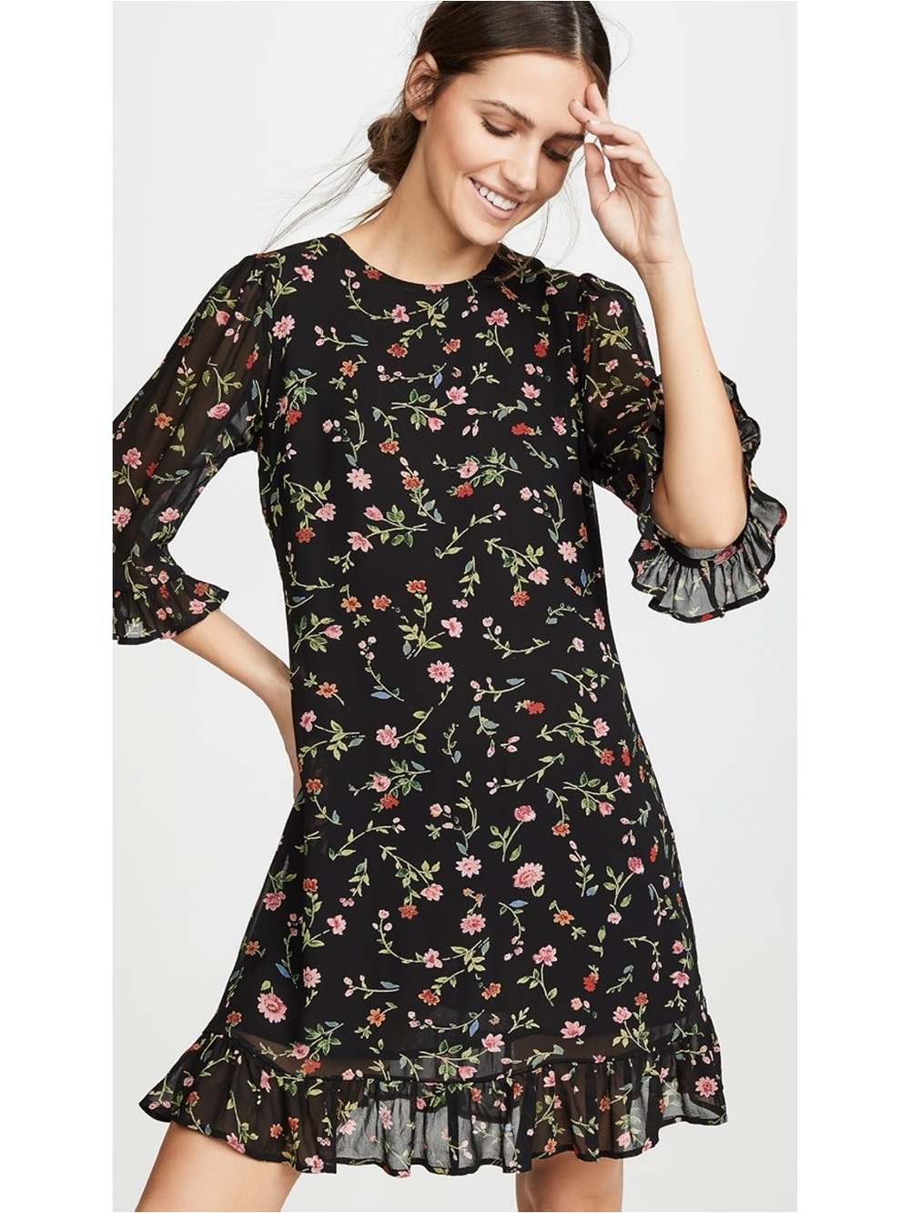 GANNI Elm Georgette Floral Ruffle-Sleeve Black Dress, size 38